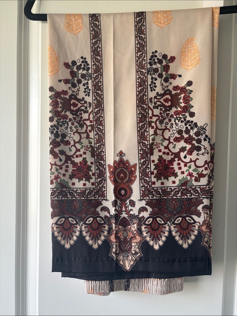 Cream Paisley Border Print pants with Burgundy and Black Accents